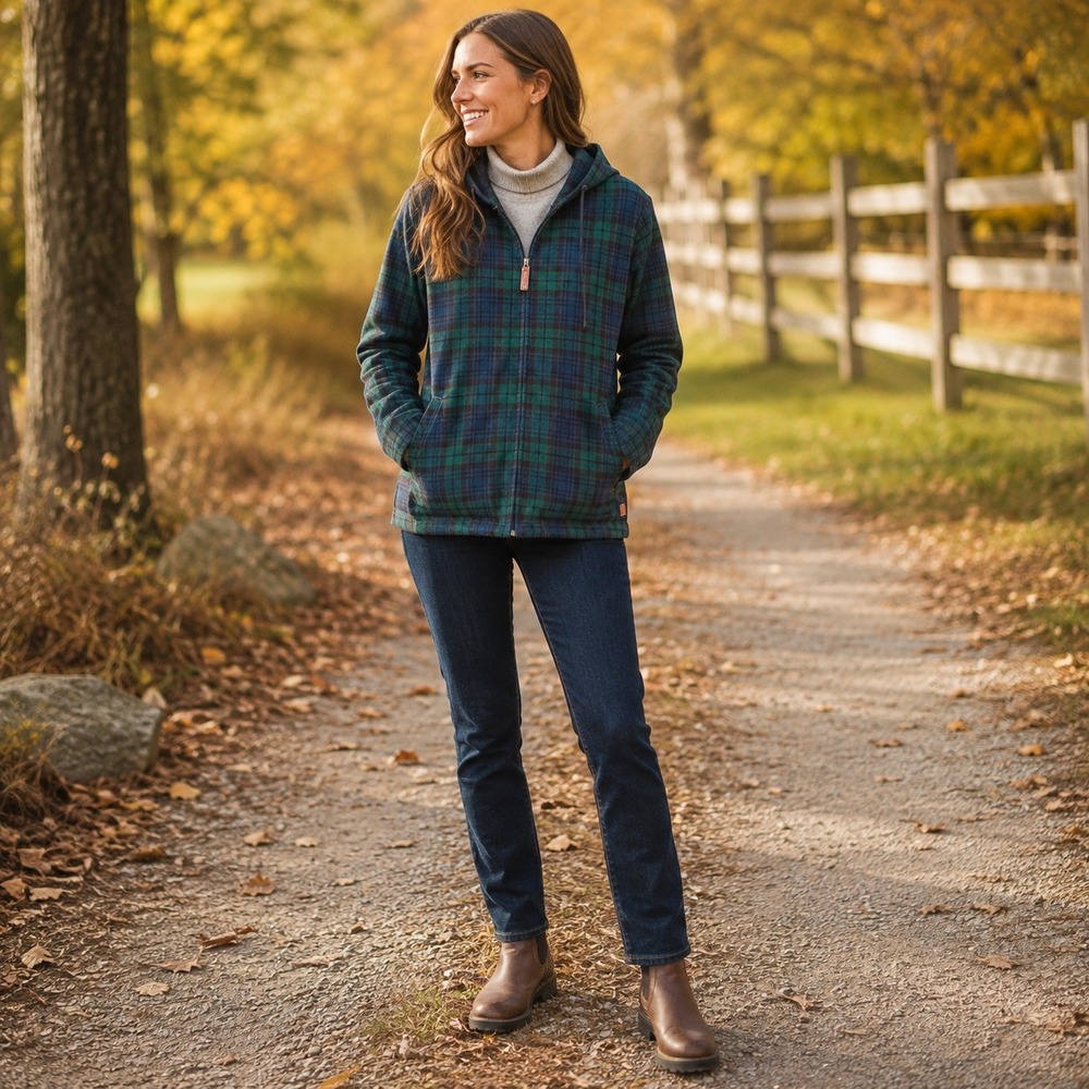 LL Bean Relaxed Fit Flannel Full Zip Hoodie 1X Black Watch Plaid Green Navy